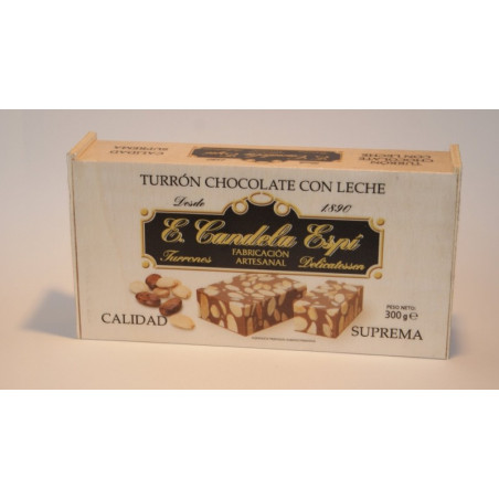 Nougat au chocolat au lait suprême avec boîte en bois 300 G. - Turrones et bonbons candela espí
